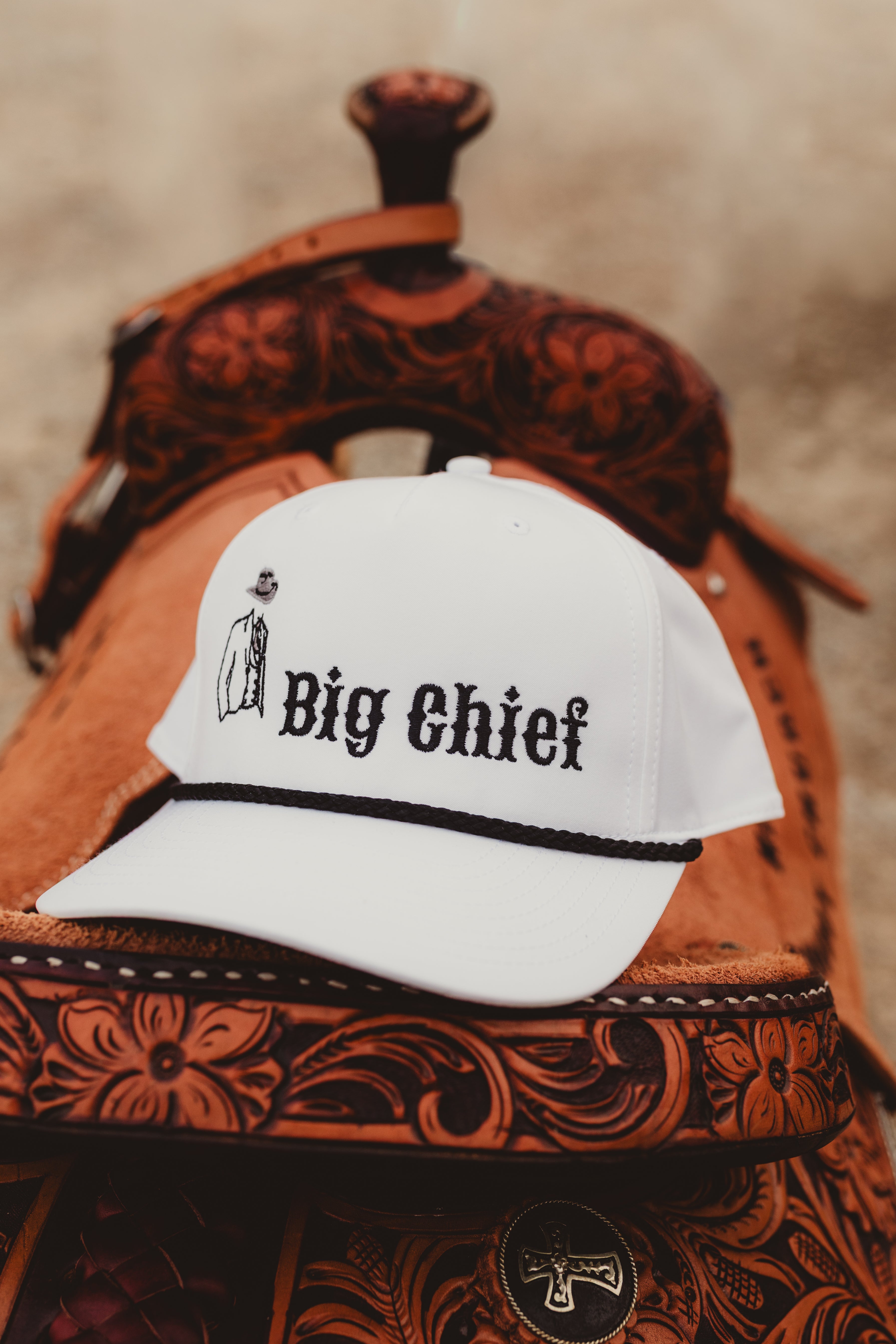 "Big Chief" White Hat W/ Black Rope, Embroidered