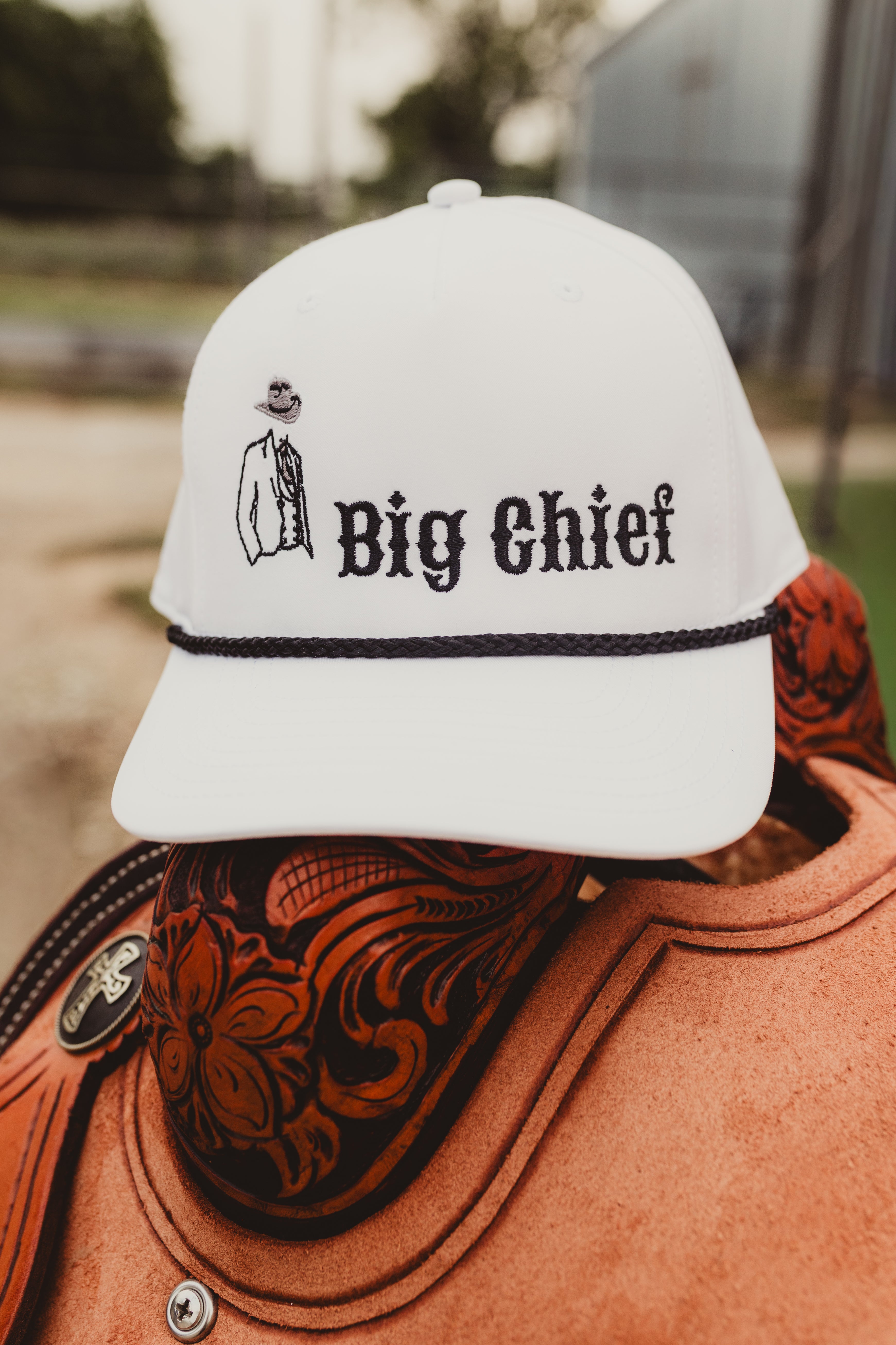 "Big Chief" White Hat W/ Black Rope, Embroidered