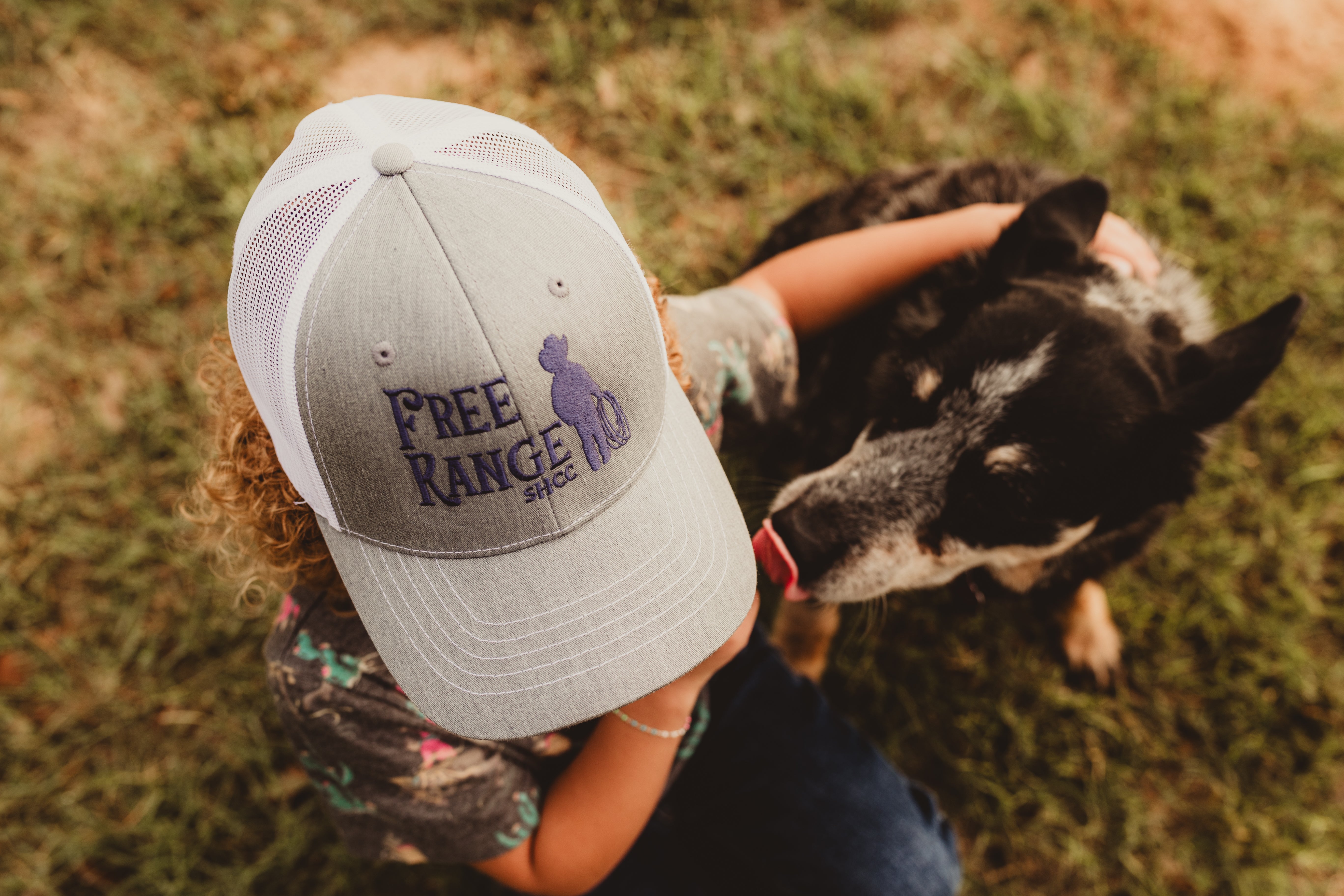 Youth "Free Range" Trucker Hat Grey/ White with Embroidery