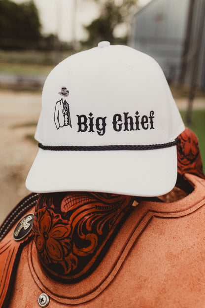 "Big Chief" White Hat W/ Black Rope, Embroidered